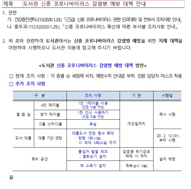 도서관 신종 코로나바이러스 감영병 예방 대책 안내